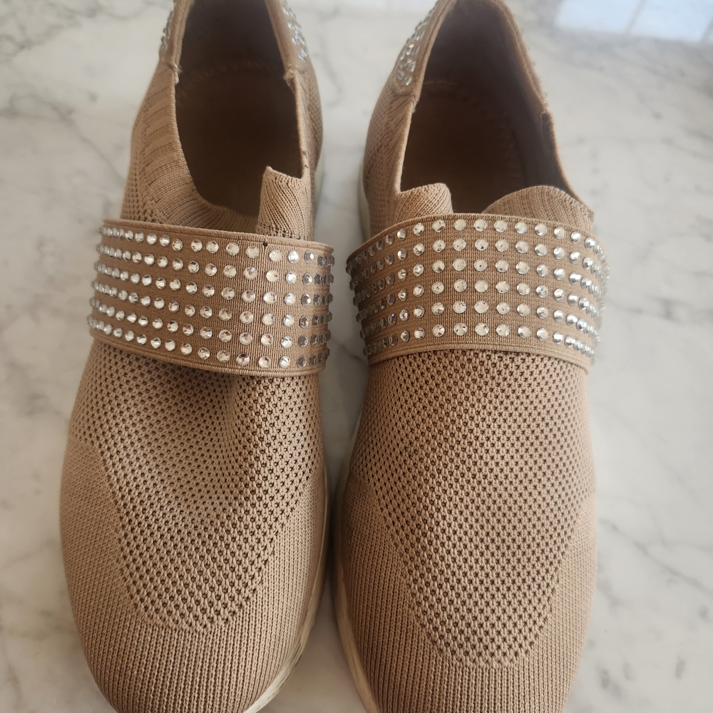Anne Klein Beige Knit Slip-On Sneakers with Rhinestone Crystal Strap.